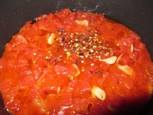 fried aubergine with tomato sauce & cumin salt - adding chilli to tomatoes 5-8-13
